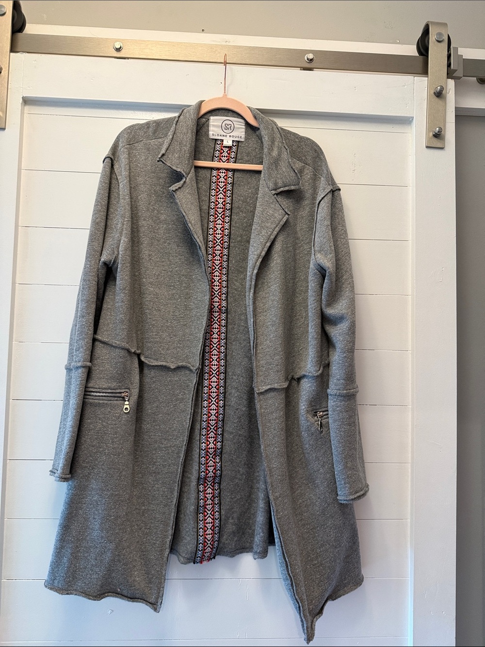 Sloane Rouge Gray Open-Front Jacket with Embroidered Trim